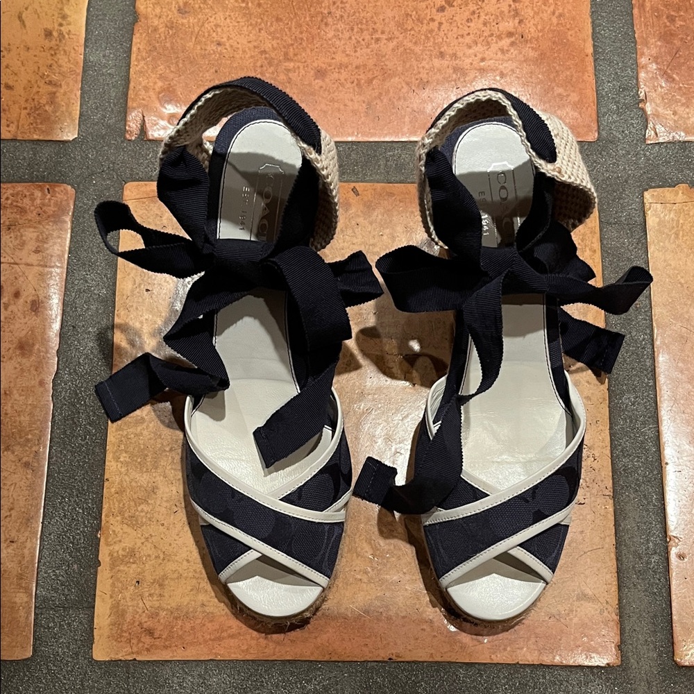 Coach Navy and White Espadrille Sandals. Worn once and a 3” heel.